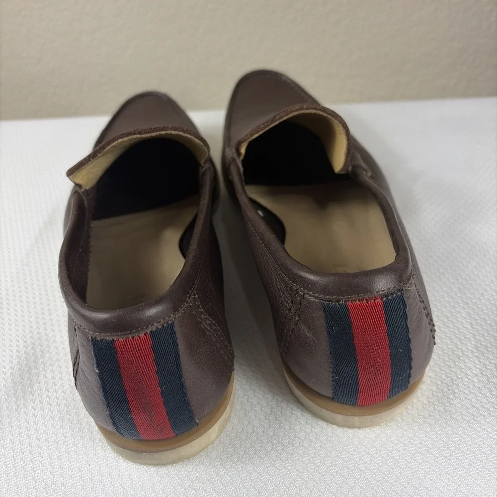 GUCCI BROWN LEATHER SLIP ON LOAFERS WITH BLUE + RED RIBBON HEEL SIZE 6.5 D